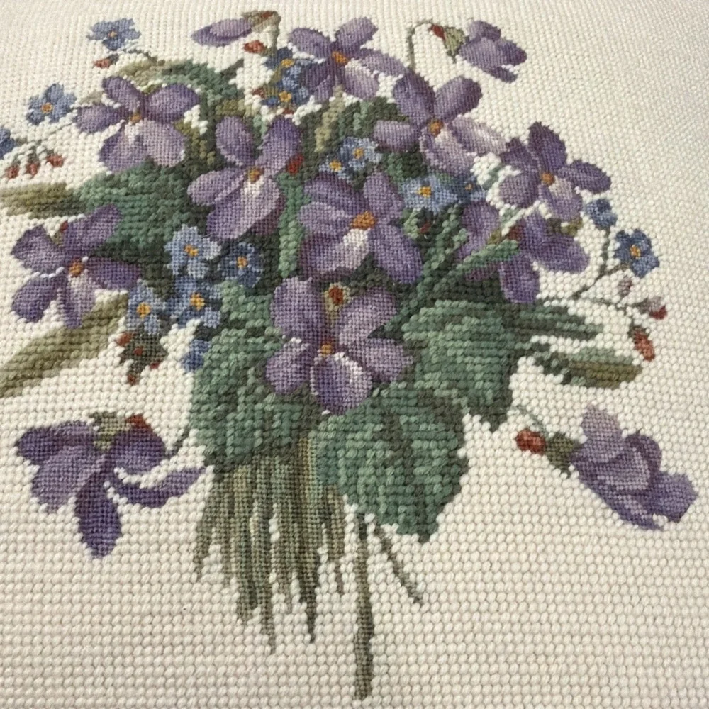 Vtg Needlepoint And Velour Heavy Duty Throw Pillow Pansies Purple Flowers 15
